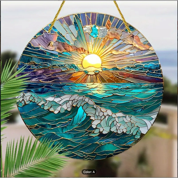 Ocean Beach Lake Sunset Stained Glass Look Suncatcher - 8"x8" Great Gift - Picture 4 of 6
